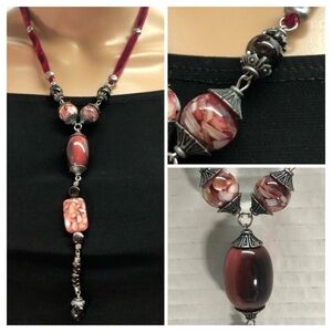 KIEN Vintage Designer Red Velour & Bead Y-Necklace